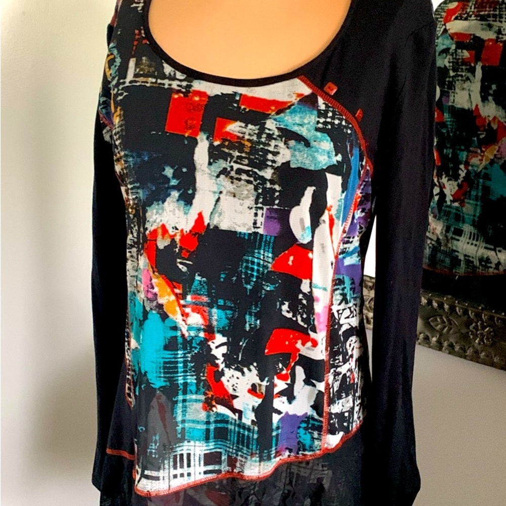 MICHAEL TYLER TUNIC FROM HIGH END BOUTIQUE ABSTRACT PRINT OVERLAY SIZE SMALL